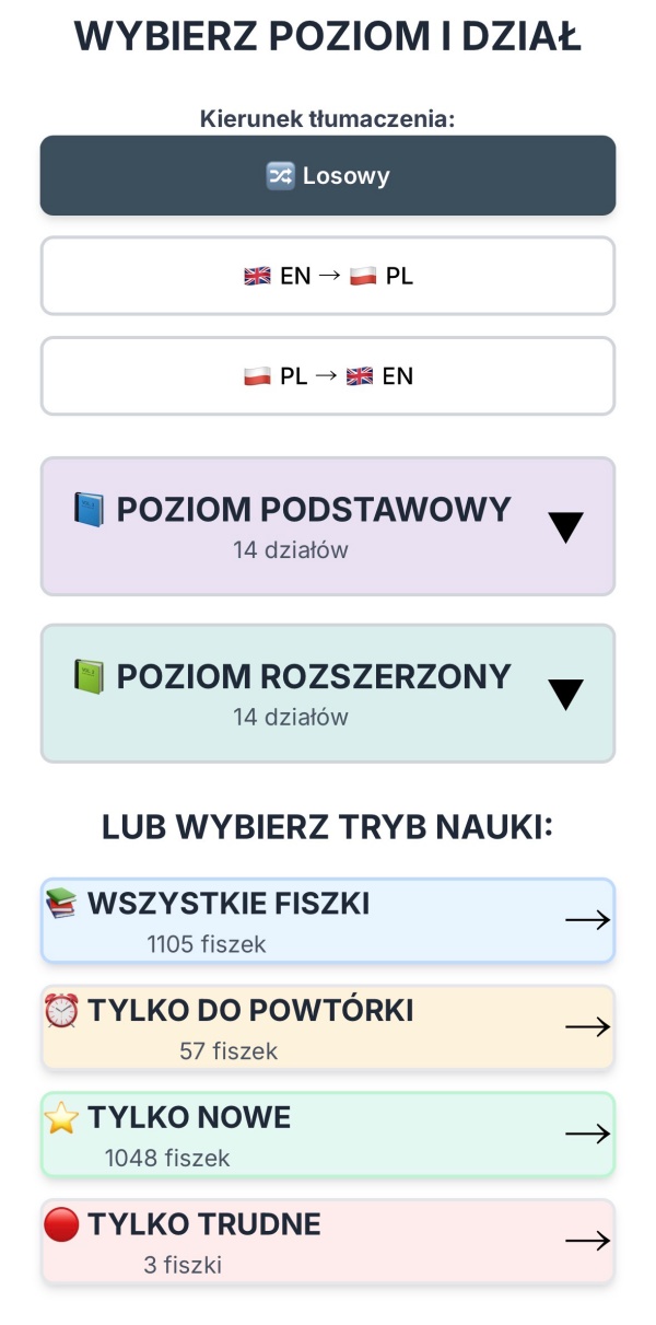 Screenshot Fiszki maturalne — aplikacja do nauki angielskich słówek