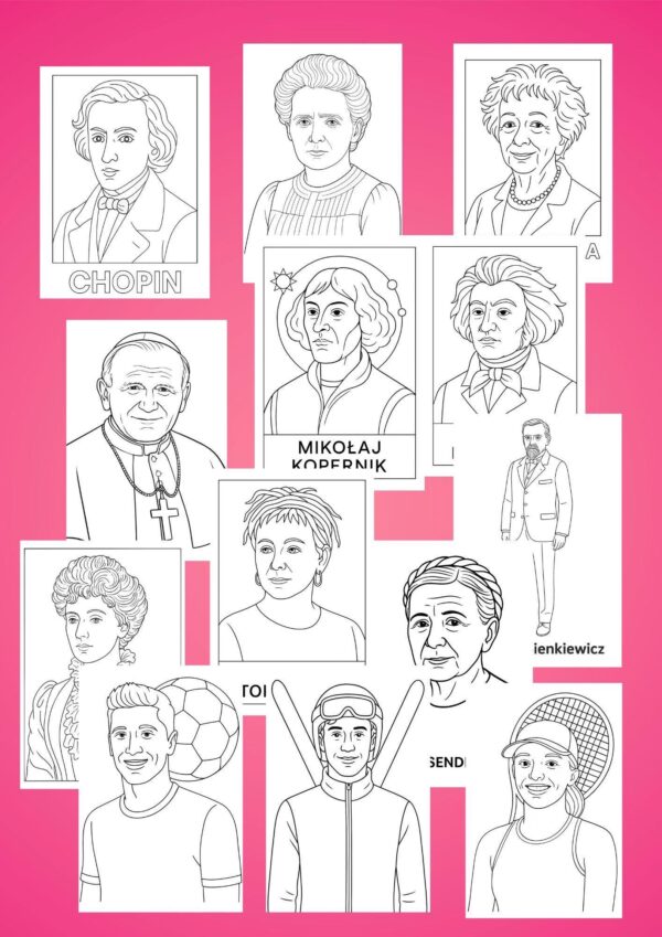 Kolorowanki przedstawiające znanych Polaków oraz mini karty pracy (e-book)