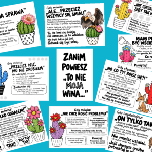 Gazetka „Zanim powiesz: To nie moja wina…” – plansze z kaktusami o odpowiedzialności i przemocy rówieśniczej