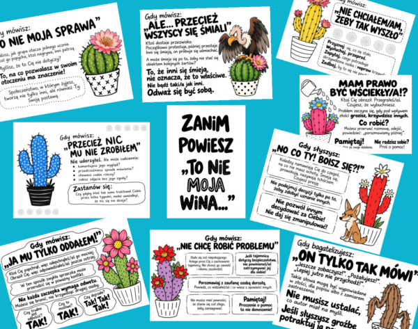 zanim-powiesz-to-nie-moja-wina-gazetka Gazetka „Zanim powiesz: To nie moja wina…” – plansze z kaktusami o odpowiedzialności i przemocy rówieśniczej