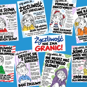 Gazetka „Życzliwość nie zna granic” – plansze o dobrych słowach, pomaganiu i życzliwości w szkole